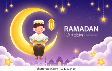 Celebration banner for Ramadan or Islamic holidays. Happy Muslim boy reading Quran and sitting on crescent moon with hanging star decorations.