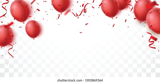 cartel de celebración con globo rojo y confetti