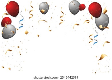 Celebration banner with red and black confetti and balloons background