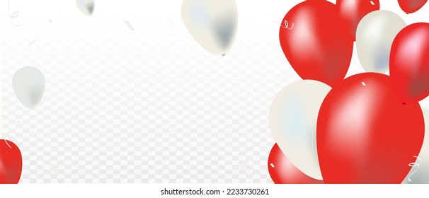 Celebration banner red and white balloons with gold confetti. Vector illustration