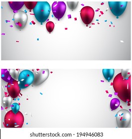 Celebration banners with colorful balloons and confetti. Vector illustration. 