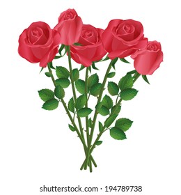 Celebration beautiful romantic bouquet of five red roses, isolated on white background. Vector illustration.