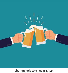 Celebration with beer colliding and spilling out with foam. Vector flat design illustration on businessman hands holding beer cheering and celebrating
