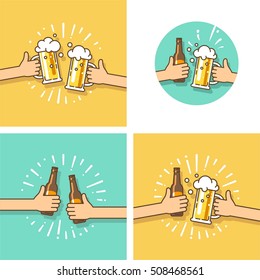 Celebration. Beer festival. Two hands holding the beer bottle and beer glass. Vector illustration in flat style.