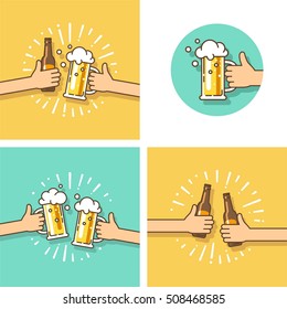 Celebration. Beer festival. Two hands holding the beer bottle and beer glass. Vector illustration in flat style.