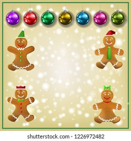 Celebration beige greeting with Gingerbread man and Christmas decorations