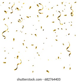 Celebration or Birthday Background With Many Falling Luxury Golden Confetti And Ribbons.  Vector Illustration