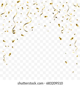 Celebration or Birthday Background With Many Falling Golden Confetti And Ribbons.  Vector Illustration