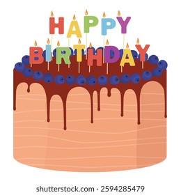 Celebration birthday cake with happy birthday candles  isolated on white background. Vector