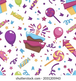 Célébration d'anniversaire, gâteau aux bougies allumées, sucette aux cadeaux et aux bonbons. Ballon gonflable et confettis. Motif harmonieux, arrière-plan ou impression, enveloppe décorative, image vectorielle à plat