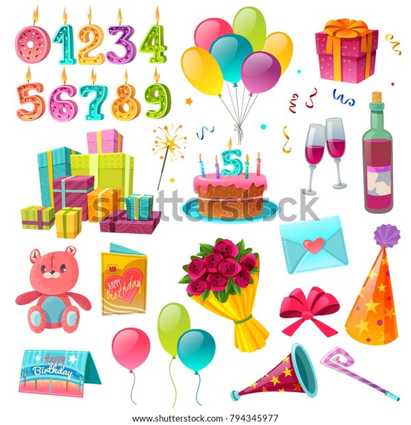 Feierlichkeiten Geburtstagskartoon Mit Blumenstrauss Ballons Party Die Grusskartennummern Stock Vektorgrafik Lizenzfrei