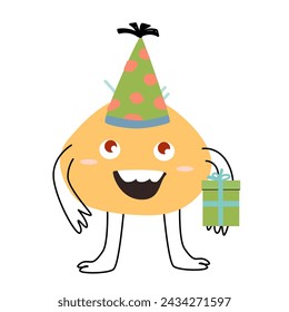 Celebration birthday cute monster with box. Vector illustration of cute doodle characters for invitation design, menu background, greeting card. 