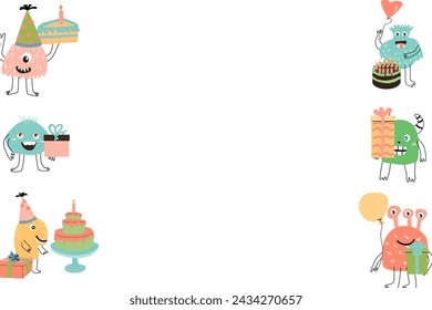 Celebration birthday cute monster card for banner and cover design. Vector illustration of cute doodle characters for invitation design, menu background, greeting card. 