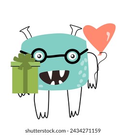 Celebration birthday cute monster for card. Vector illustration of cute doodle characters for invitation design, menu background, greeting card. 
