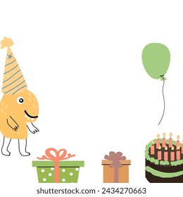 Celebration birthday doodle monster party background - card template. Vector illustration of cute doodle characters for invitation design, menu background, greeting card. 