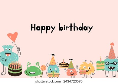 Celebration birthday monster background - card template. Vector illustration of cute doodle characters for invitation design, menu background, greeting card. 