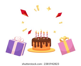 Celebration birthday party background 2D illustration concept. Gift boxes birthday cake isolated cartoon scene, white background. Gemstone frame presents cake metaphor abstract flat vector graphic