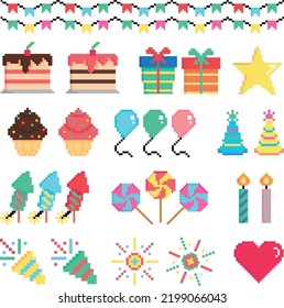 celebration birthday party elements icons 8 bits pixel art