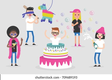 Celebration. Birthday party. A group of young adults having fun. Flat editable bright illustration. Clip art