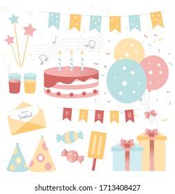 Celebration birthday party  icons set with cake, gifts, balloons, topper hat, snacks and invitation.