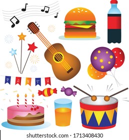 Celebration birthday party  icons set with musical instruments, birthday cake, junk food, etc.