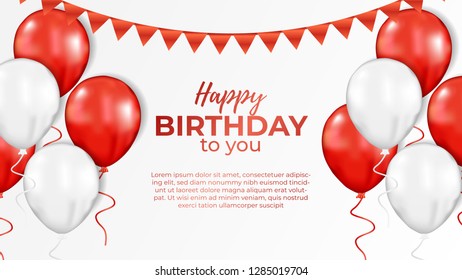 Celebration Birthday party invitation card. 3D flying of group helium red and white balloons with flag. vector background wallpaper illustration. poster banner template