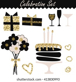 Celebration Black And Gold Fashion Birthday Set Objects. Wedding Or Feast Event Accessories. Bouquet, Cake, Wineglass, Gift Boxes.