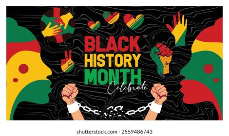 A celebration of Black History Month with bright colors. Symbolic image to honor cultural heritage. Black History Month concept. Flat vector illustration. 