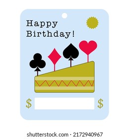 Celebration blank with Happy Birthday quote. Money postcard mock up with place for money. Greeting card with playing card illustration, funny design. Vector