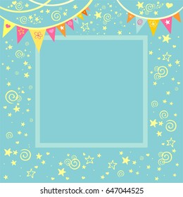  Celebration blue background with bunting flags, star, Frame and place for your text. Vector Illustration