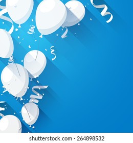 Celebration Blue Background With Flat Balloons And Confetti. Vector Illustration. 