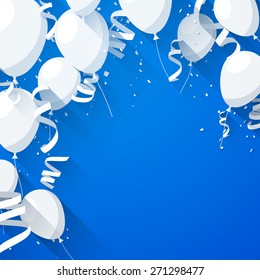 Celebration blue background with flat balloons and confetti. Vector illustration. 