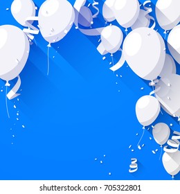 Celebration blue background with flat balloons and confetti. Vector illustration. 