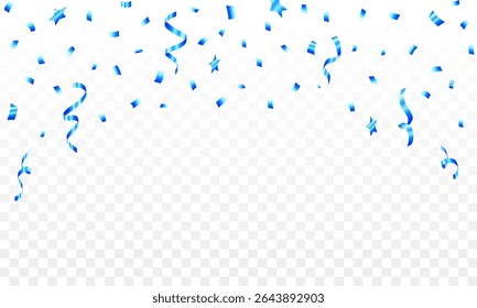 Celebration blue confetti and streamers, transparent background festive design element, 