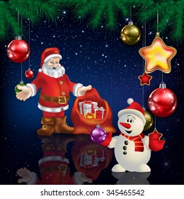 Celebration blue greeting with Santa Claus and snowman