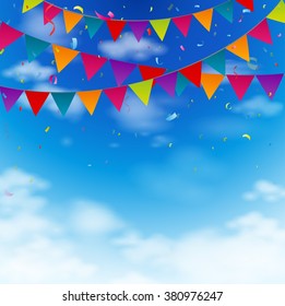 Celebration bunting flags on blue sky