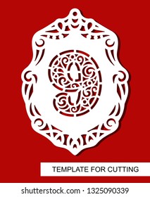 Celebration bunting party flag with number nine - 9. Festive decoration with openwork carved pattern for anniversary and birthday. Template for laser cutting, wood carving, paper cut or printing.