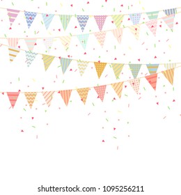 celebration bunting party flags with Confetti And Ribbons on white background.vector illustration