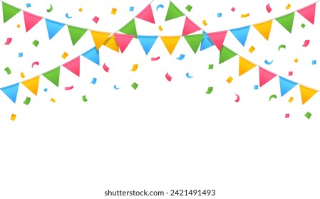 Celebration buntings flag. Decorative pennants hanging for birthdays, weddings or festive occasion. Banner with garlands and confetti. Vector illustration. Funny childish holiday with ribbons