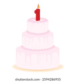 Celebration cake with candle number 1 isolated on white background. Anniversary cake. Vector