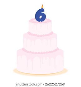 Celebration cake with candle number 6 isolated on white background. Anniversary cake. Vector