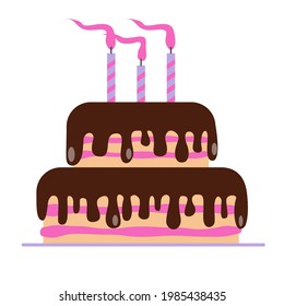 Celebration cake with candles. Birthday party element. Vector flat illustration.