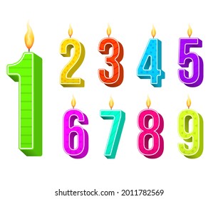 Celebration cake candles burning lights, birthday number and party candle. Birthday anniversary numbers candle. Template set of symbols for invitation to the anniversary. Vector illustration.