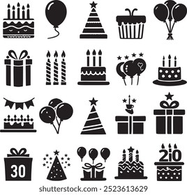 celebration cake card festival present congratulation lights balloons, bakery set black and white silhouette. Birthday Icons, Cake icon and gift box icon set