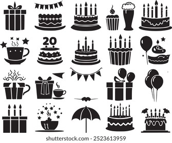 celebration cake card festival present congratulation lights balloons, bakery set black and white silhouette. Birthday Icons, Cake icon and gift box icon set