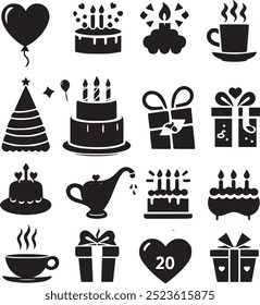 celebration cake card festival present congratulation lights balloons, birthday party set black and white silhouette. Birthday Icons, Cake icon and gift box icon set