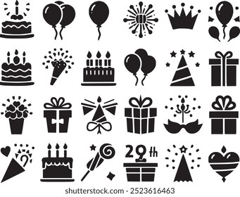 celebration cake card festival present congratulation lights balloons, happy new year party set black and white silhouette. Birthday Icons, Cake icon and gift box icon