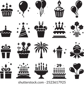 celebration cake card festival present congratulation lights balloons, birthday party set black and white silhouette. Birthday Icons, Cake icon and gift box icon set