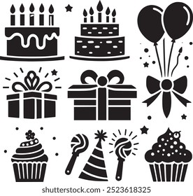 celebration cake card festival present congratulation lights balloons, bakery, birthday party set black and white silhouette. Birthday Icons, Cake icon and gift box icon set