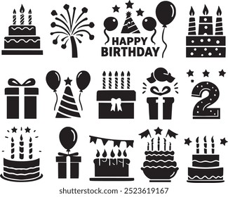 celebration cake card festival present congratulation lights balloons, bakery, birthday gift box set black and white silhouette. Birthday Icons, Cake icon and gift box icon set